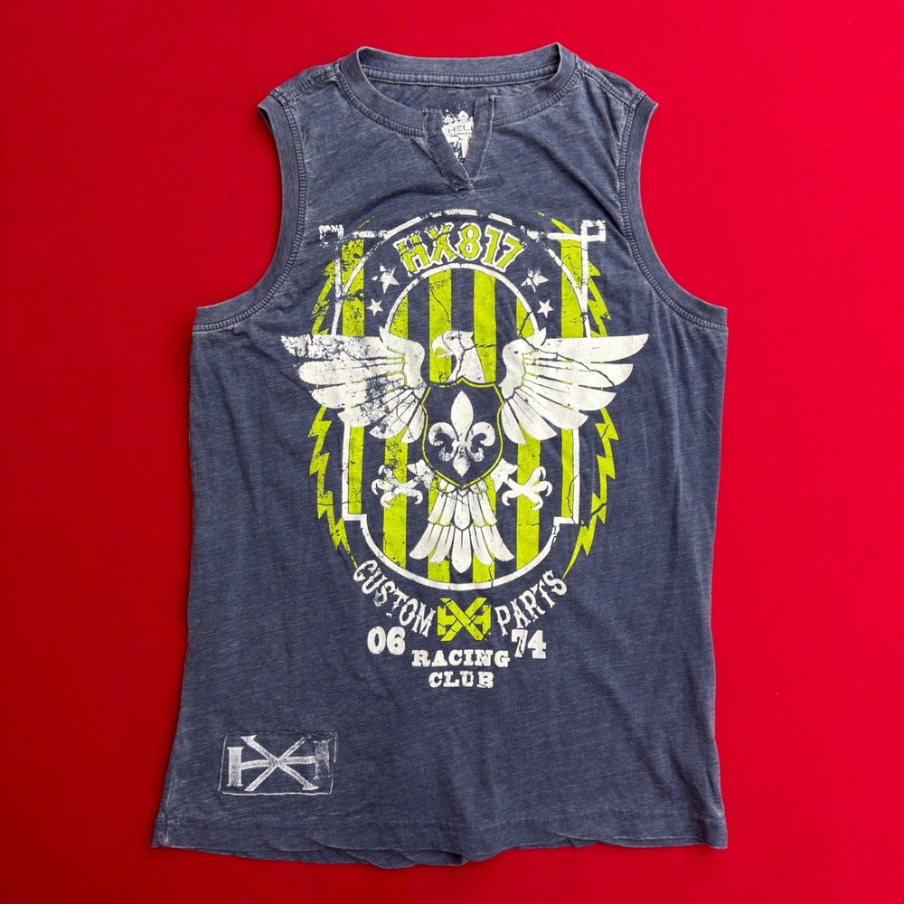 VTG Y2K Helix Mens Graphic Muscle Tank Top Navy Blue Eagle Racing Club Size M